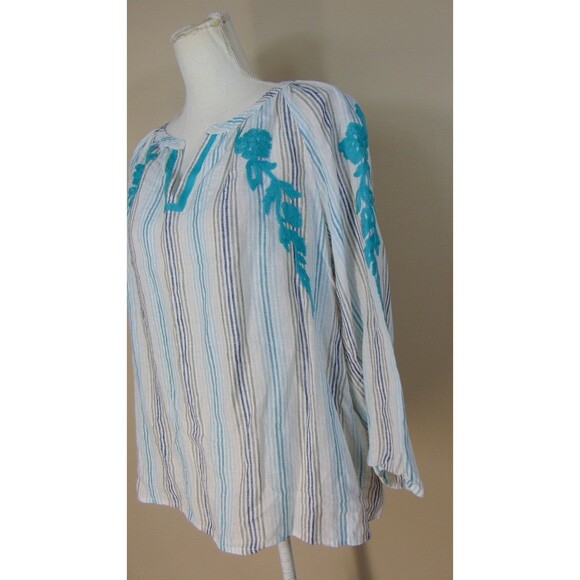 J Jill Love Linen Boho Top Womens Medium Embroidered Green 3/4 Sleeve V-Neck M - Picture 5 of 10